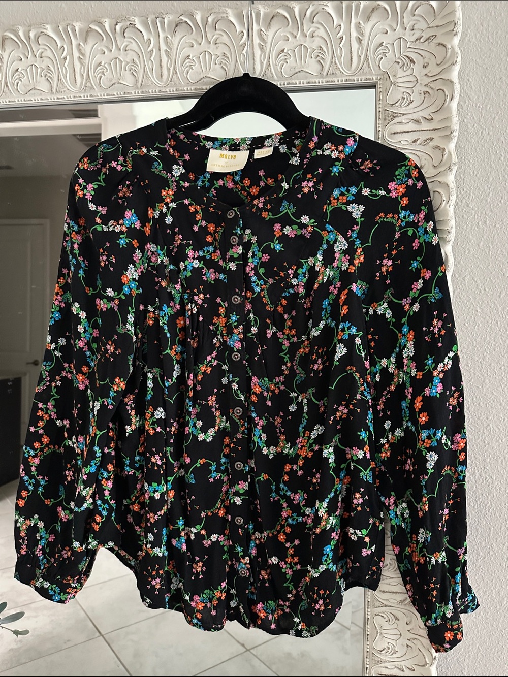 Anthropologie Maeve Avignon Black Floral Button Down Top